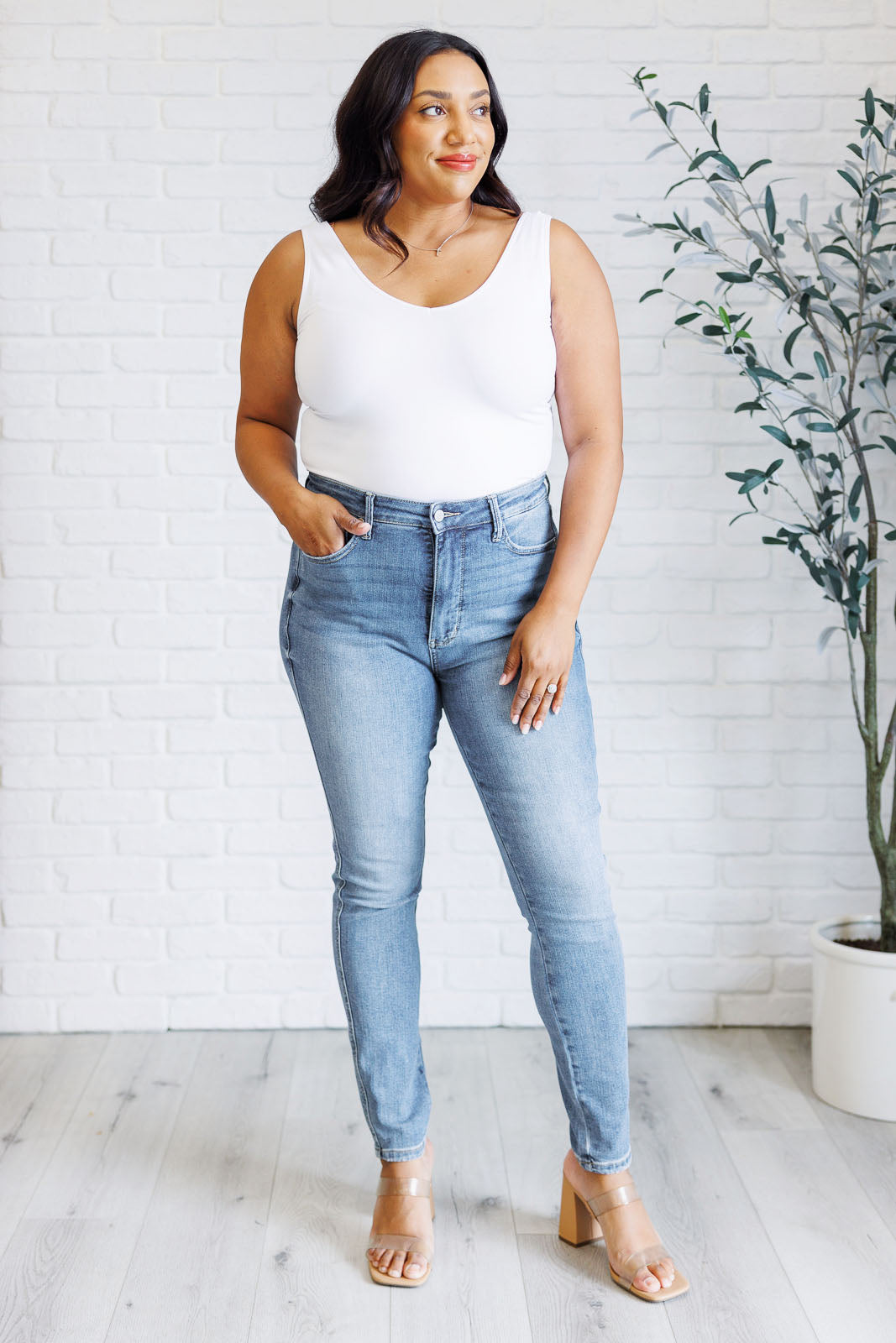 Justine High Rise Control Top Contrast Wash Skinny Jeans MadreForte LLC