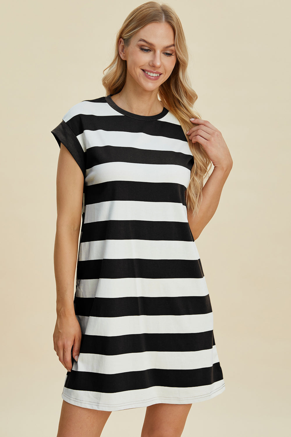 Basic Bae Full Size Striped Round Neck Cap Sleeve Mini Dress MadreForte LLC