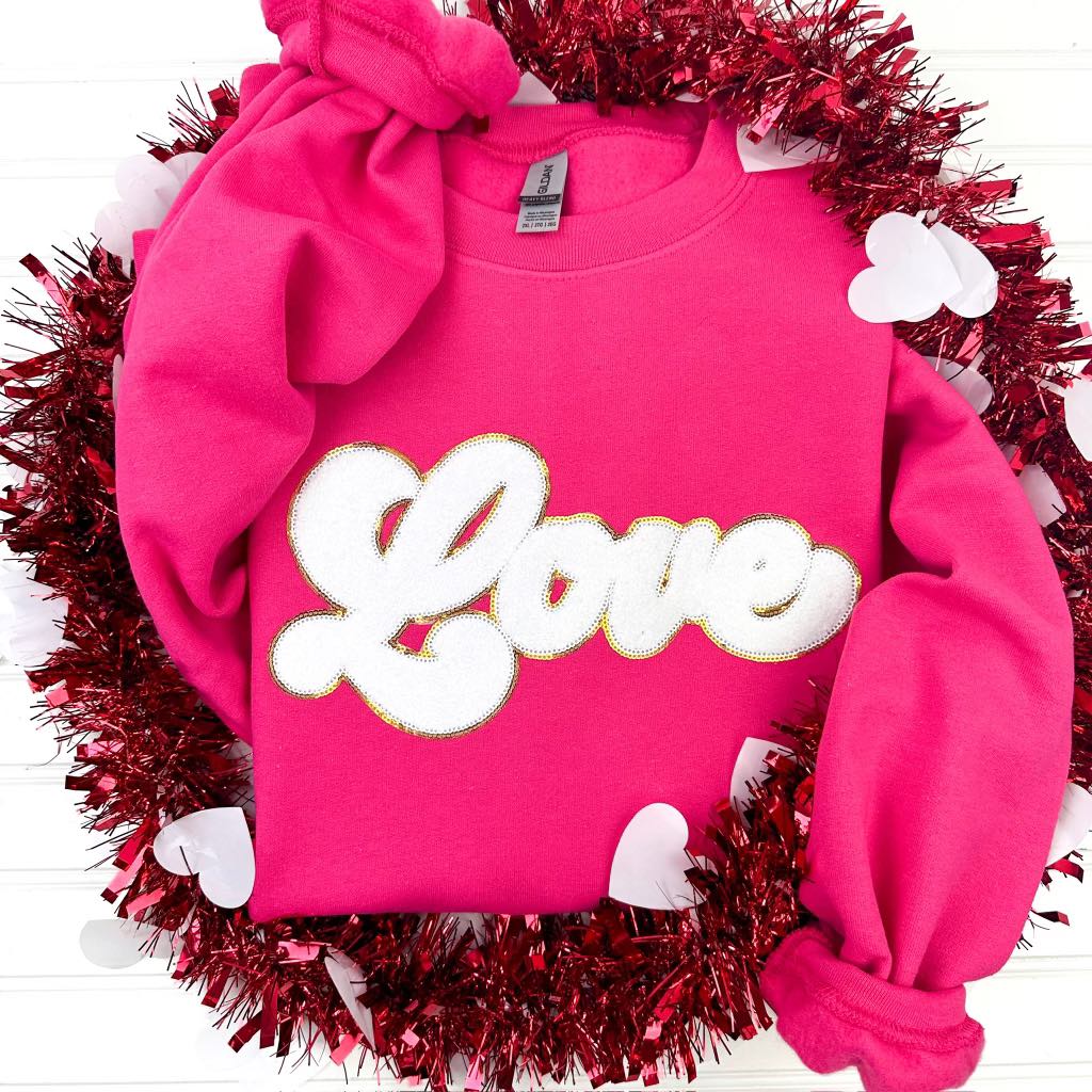 PREORDER: Chenille Patch Love Sweatshirt on Pink MadreForte LLC