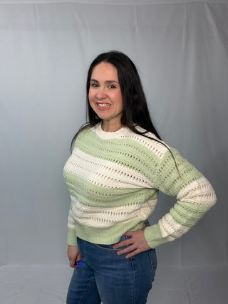 SO ME Openwork Round Neck Wide Stripe Textured Sweater