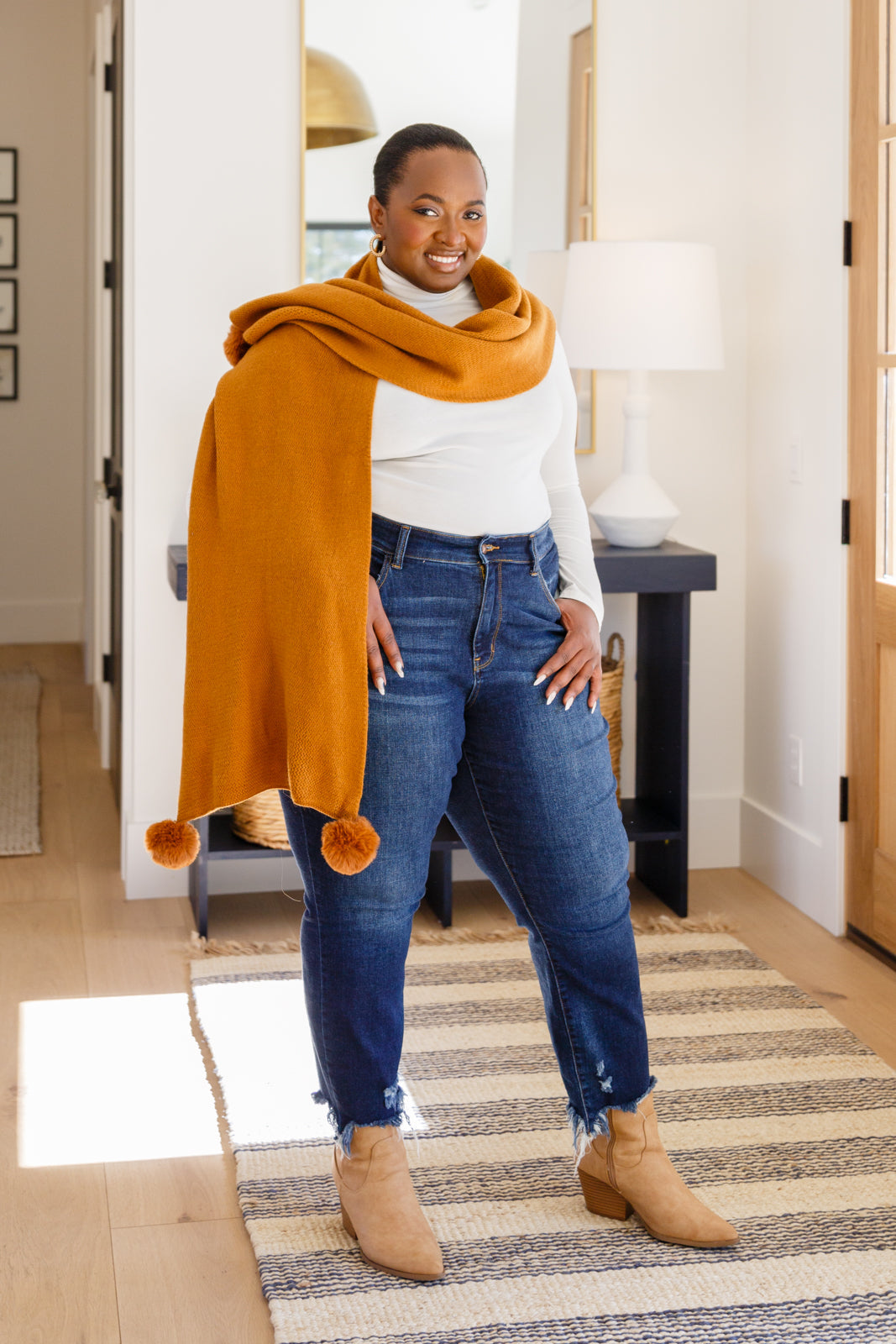 Knitted Fuzzy Pom Pom Scarf In Ginger MadreForte LLC