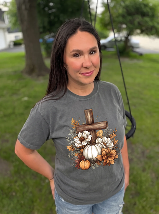 Rustic Floral Pumpkin Cross Tee