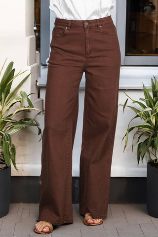 Brown Straight Leg Cotton Long Span Pants