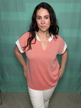 Open Knit Split V Neckline Short Sleeve Top