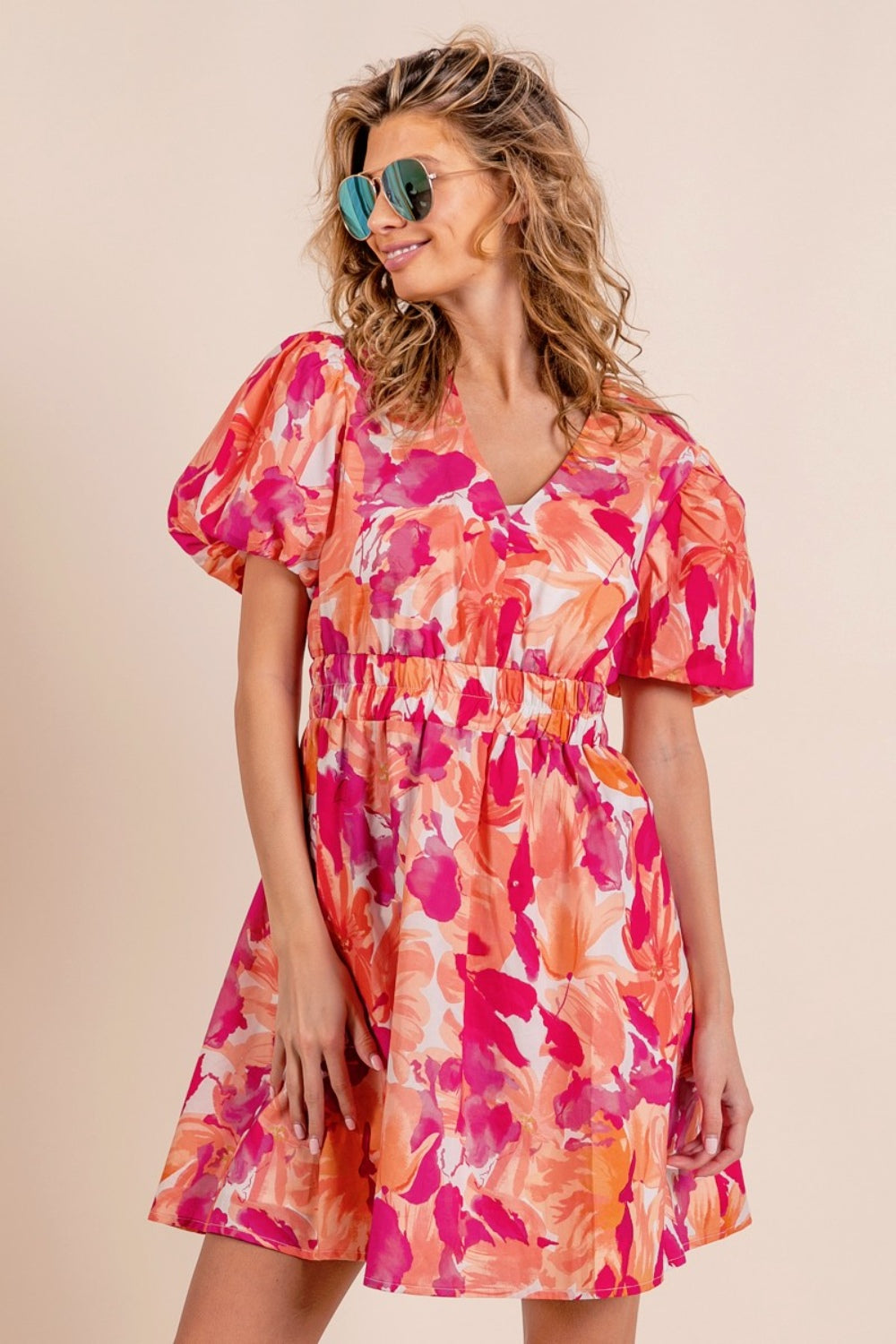 BiBi Floral V-Neck Puff Sleeve Mini Dress MadreForte LLC