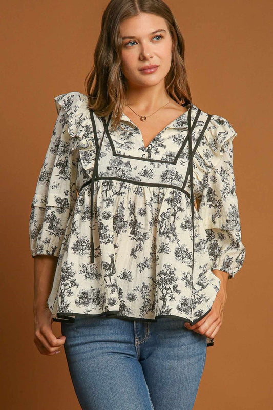 Umgee Ruffled Tie Neck Puff Sleeve Babydoll Blouse MadreForte LLC