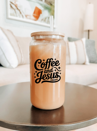Coffee and Jesus Glass Can Tumbler