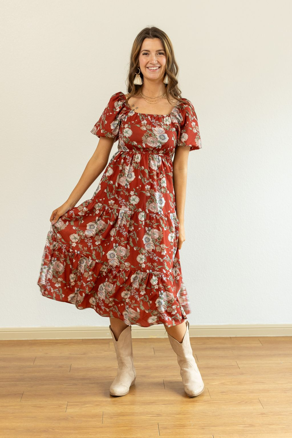 Elizabeth Midi Dress in Rust and Floral MadreForte LLC