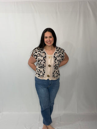 SO ME Big Metal Button Front Leopard Sweater Vest Top