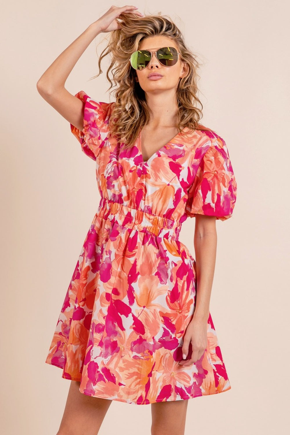 BiBi Floral V-Neck Puff Sleeve Mini Dress MadreForte LLC