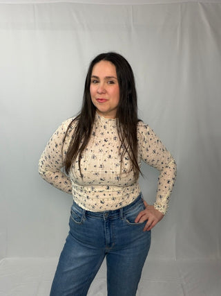 SO ME Floral Print Textured Long Sleeve Knit Top