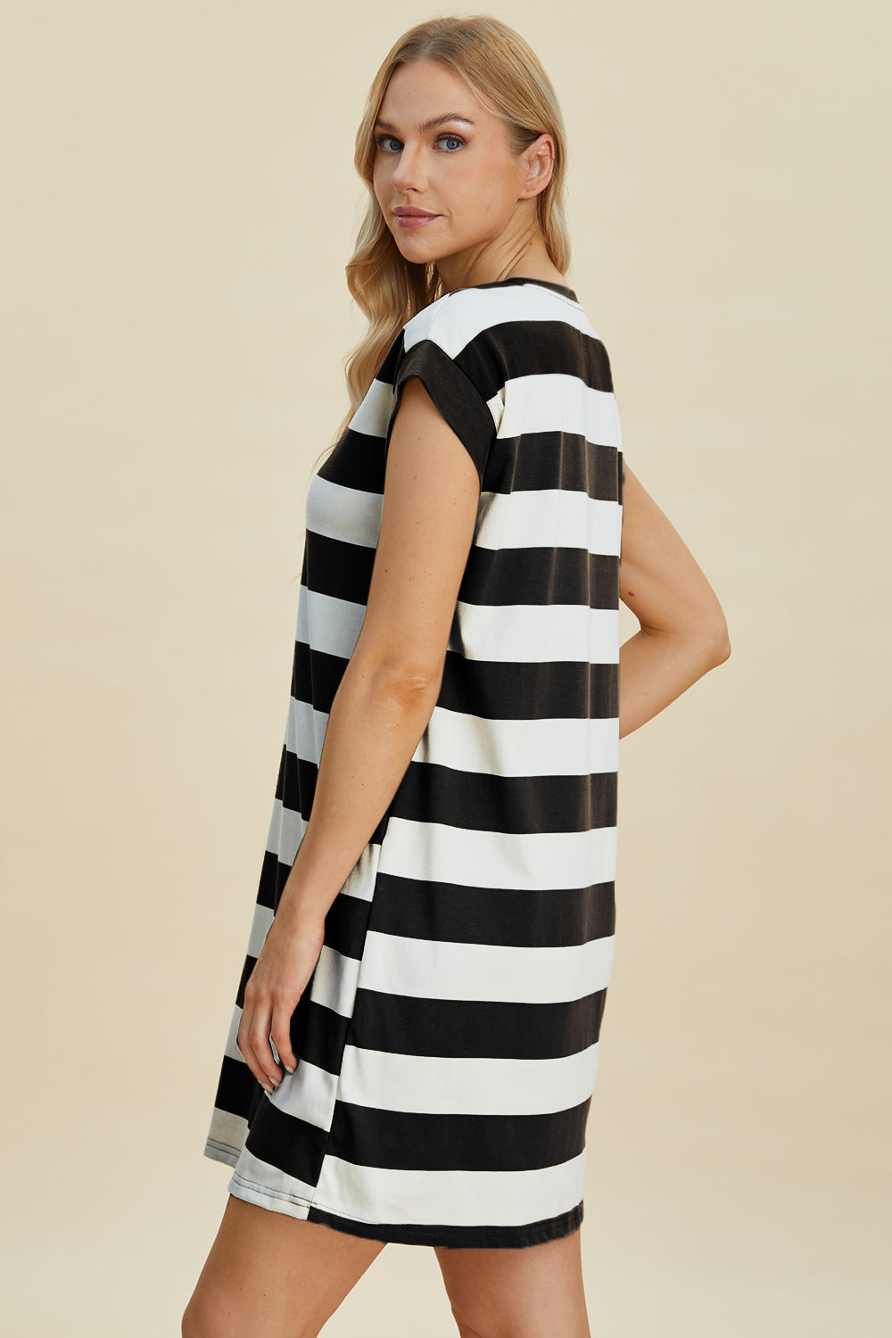 Basic Bae Full Size Striped Round Neck Cap Sleeve Mini Dress MadreForte LLC