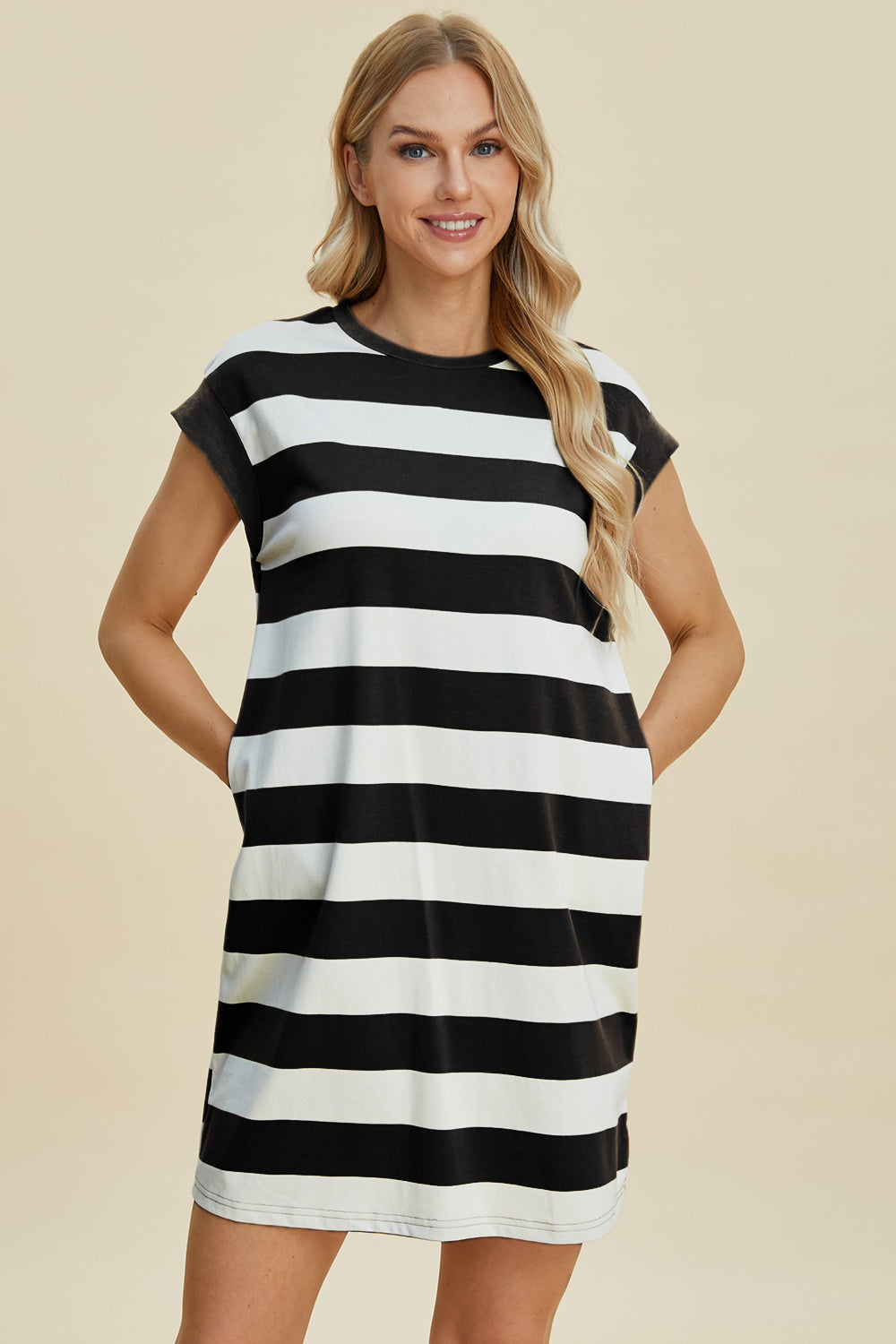 Basic Bae Full Size Striped Round Neck Cap Sleeve Mini Dress MadreForte LLC