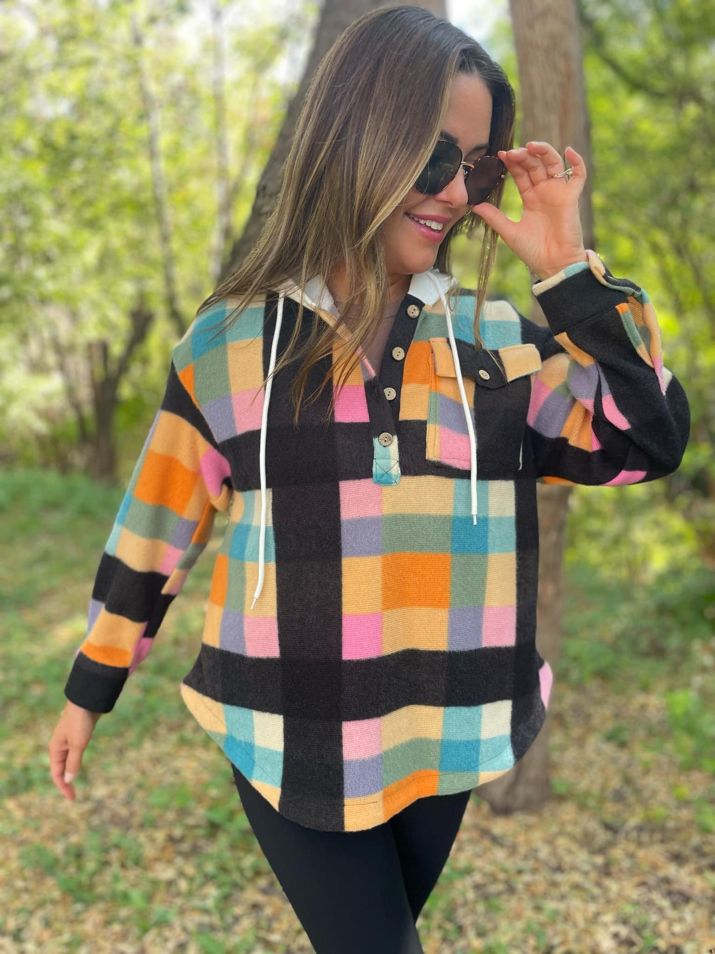 PREORDER: Rainbow Plaid Button Hoodie MadreForte LLC