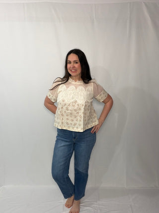 SO ME Floral Print Lace Trim Cotton Blouse