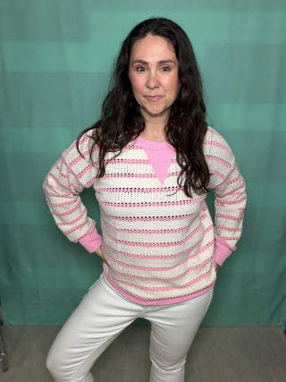 Pink Loose Fit Striped Knit Pullover Sweater