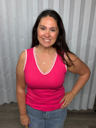 Whisper Trim Detailed V-Neck Tank in Hot Pink