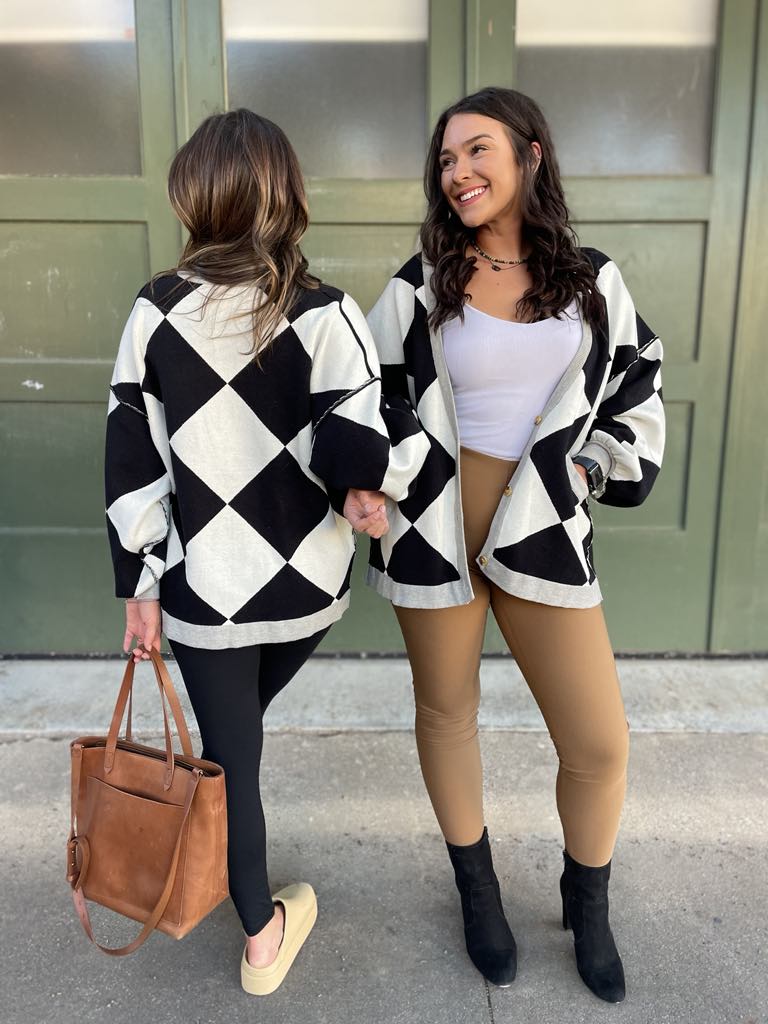 PREORDER: Contrast Trim Cardigan in Black Checkers MadreForte LLC