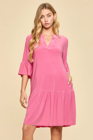 Shirred Tiered Relaxed 3/4 Sleeve Dress
