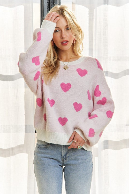 ADORA Heart Round Neck Drop Shoulder Sweater MadreForte LLC