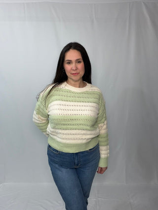 SO ME Openwork Round Neck Wide Stripe Textured Sweater