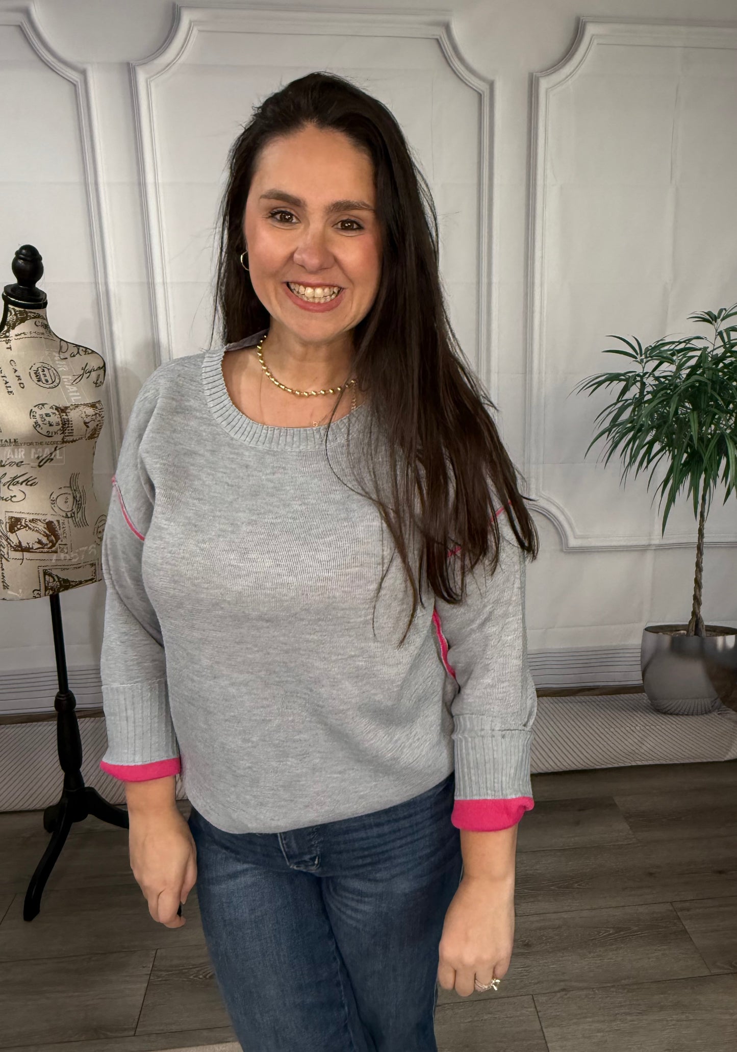 Zenana Round neck contrast trim sweater