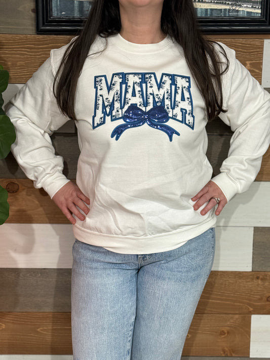 White/Blue MAMA Cochette Bow Chenille Patch Sweatshirt MadreForte LLC