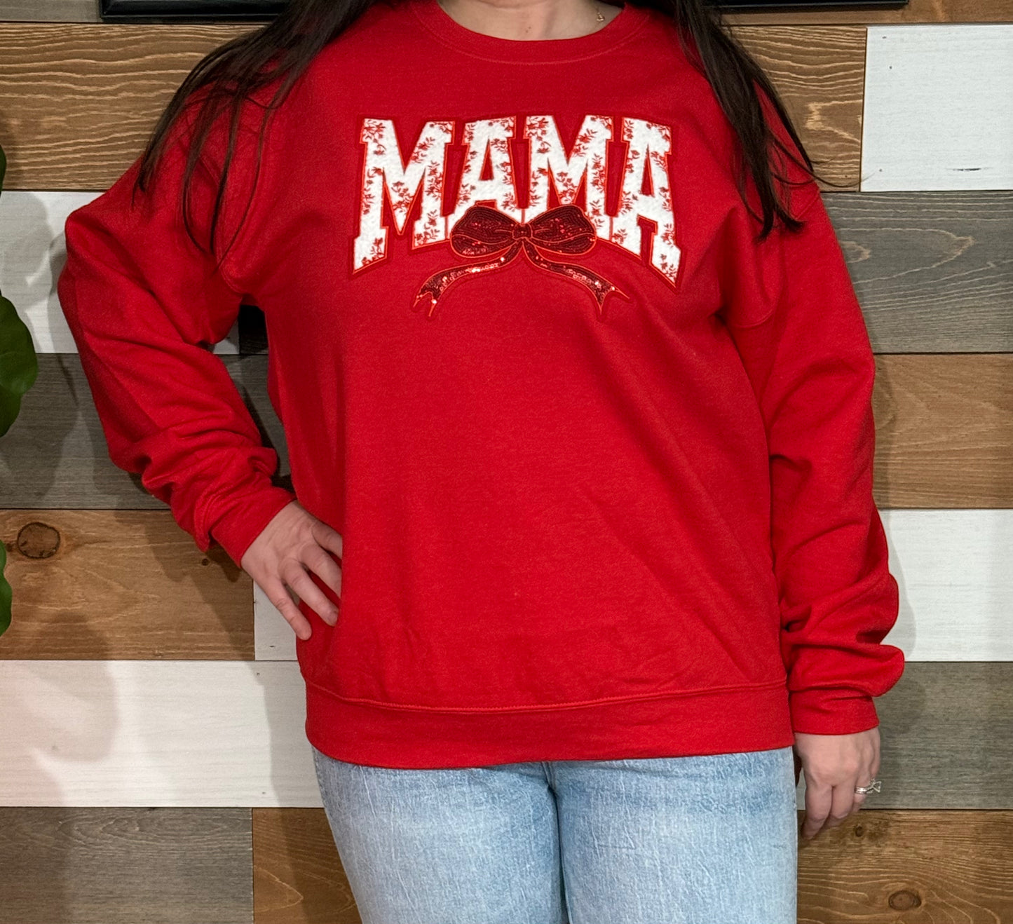 Red/White MAMA Cochette Bow Chenille Patch Sweatshirts MadreForte LLC