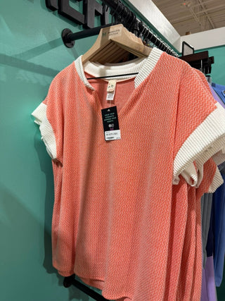 Open Knit Split V Neckline Short Sleeve Top