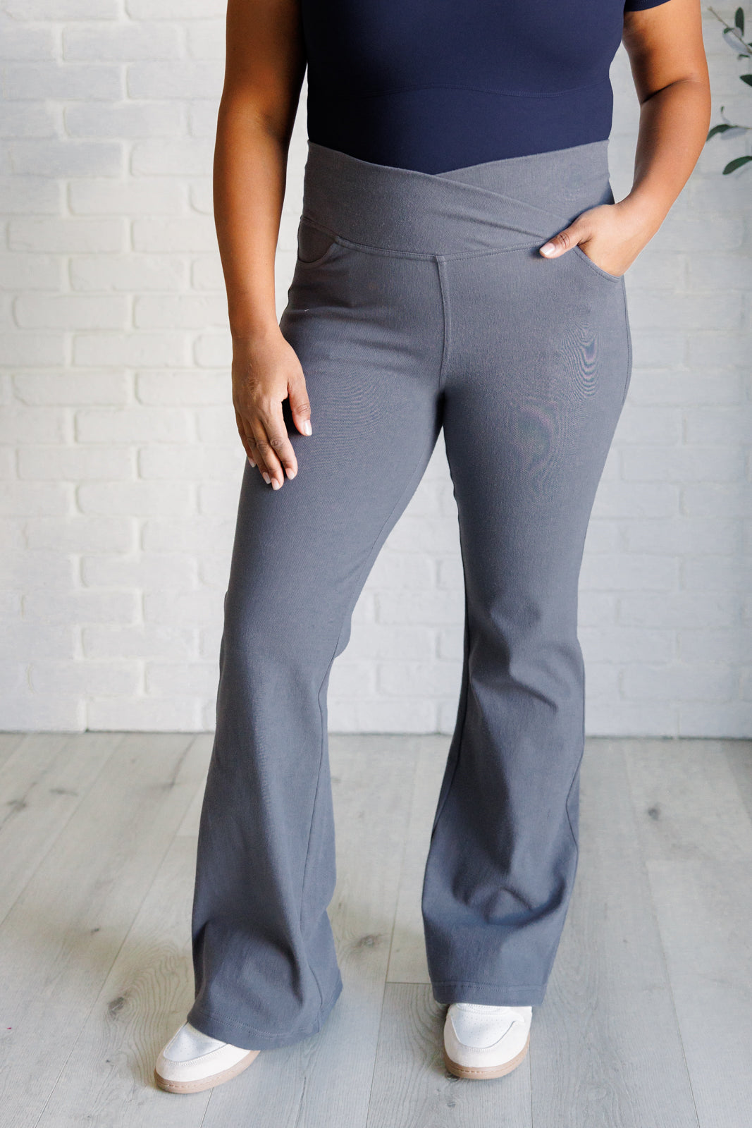 Building Habits Twill Flared Crossover Waist Pant in Titanium MadreForte LLC