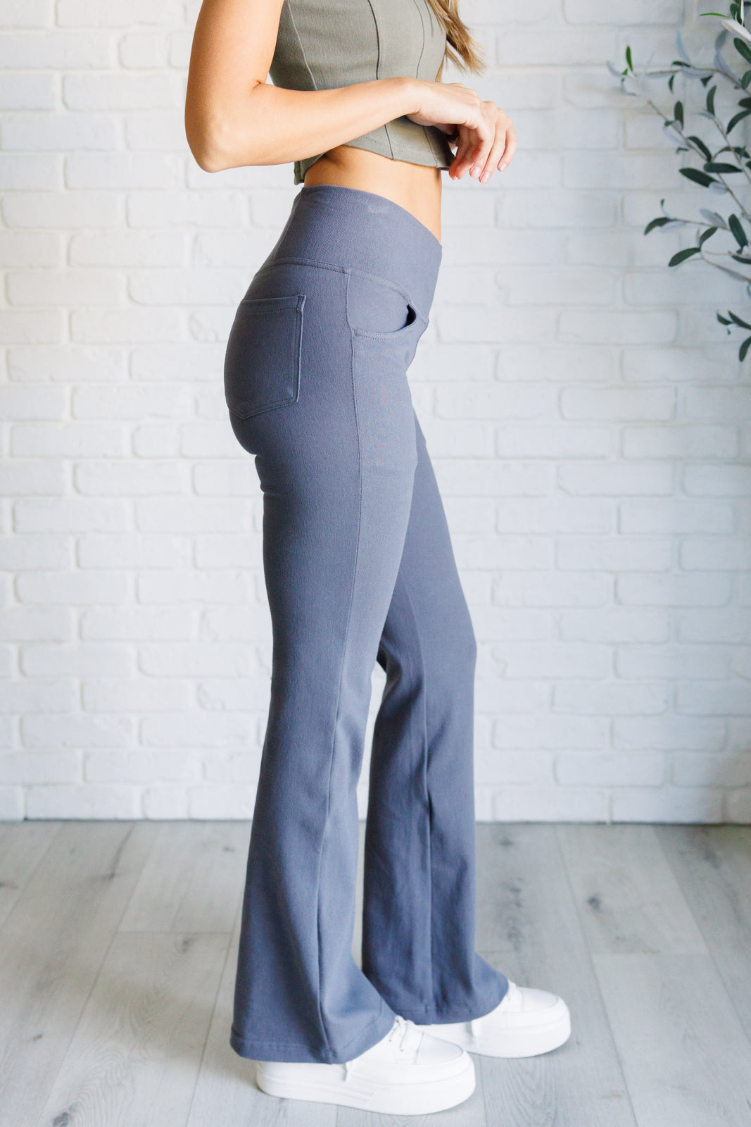 Building Habits Twill Flared Crossover Waist Pant in Titanium MadreForte LLC