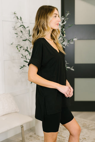 Buttery Soft V-Neck Bike Short Set in Black