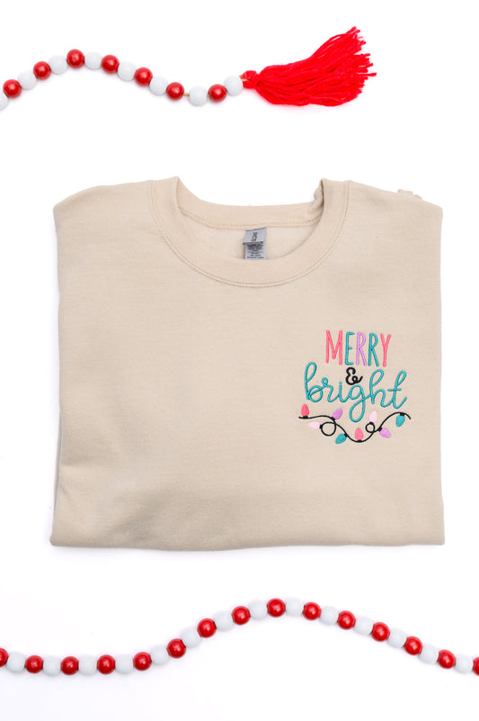 PREORDER: Merry & Bright Embroidered Sweatshirt in Sand MadreForte LLC