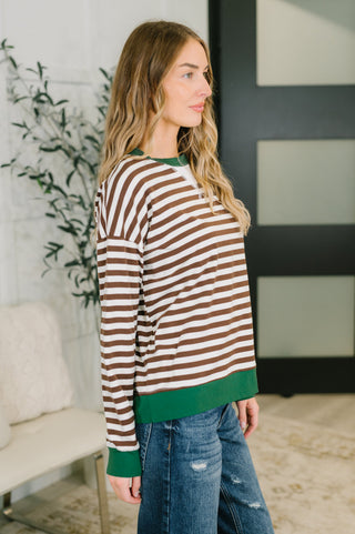 Cozy in Contrast Striped Round Neck Sweatshirt