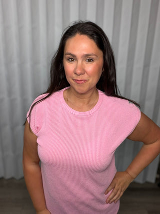 Ribbed Knit Round Neck Top — Pink
