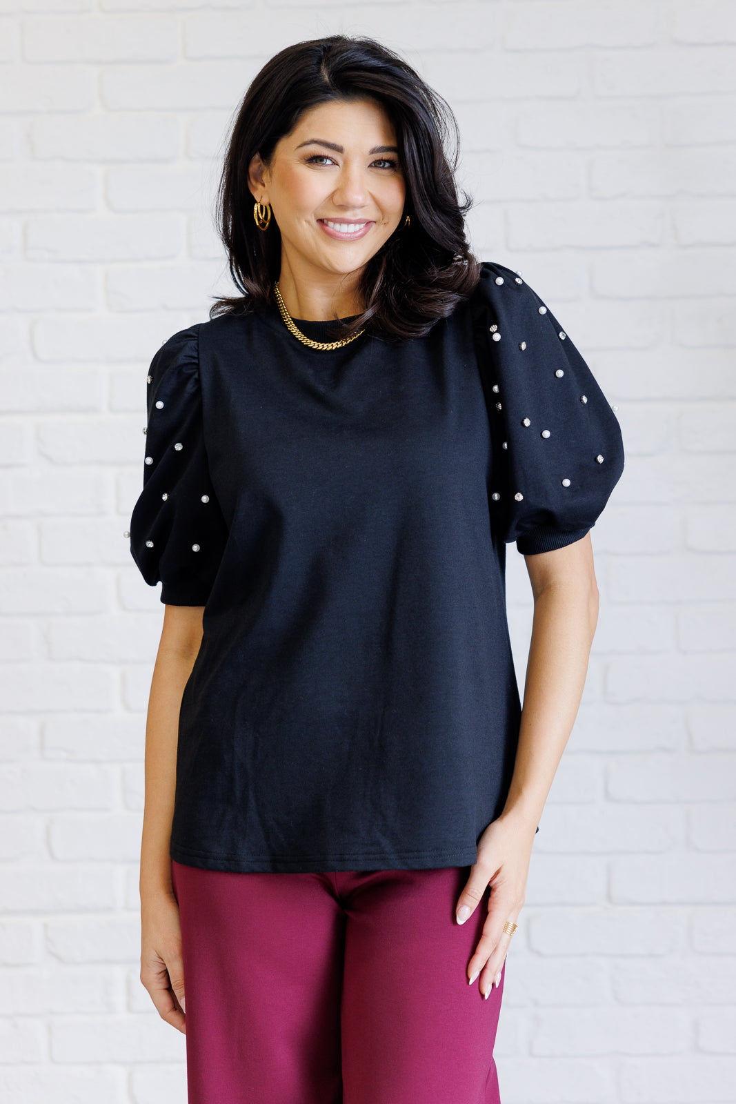 Diamonds and Pearls Puff Sleeve Top in Black MadreForte LLC