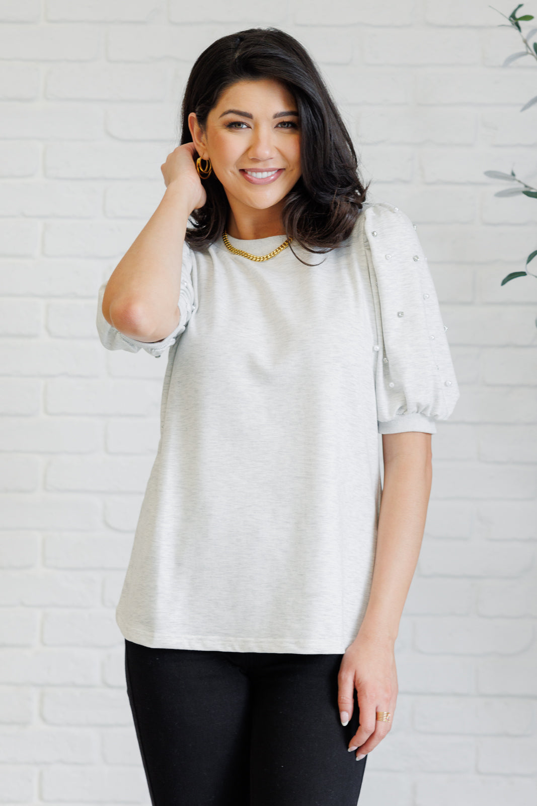 Diamonds and Pearls Puff Sleeve Top in Light Grey MadreForte LLC