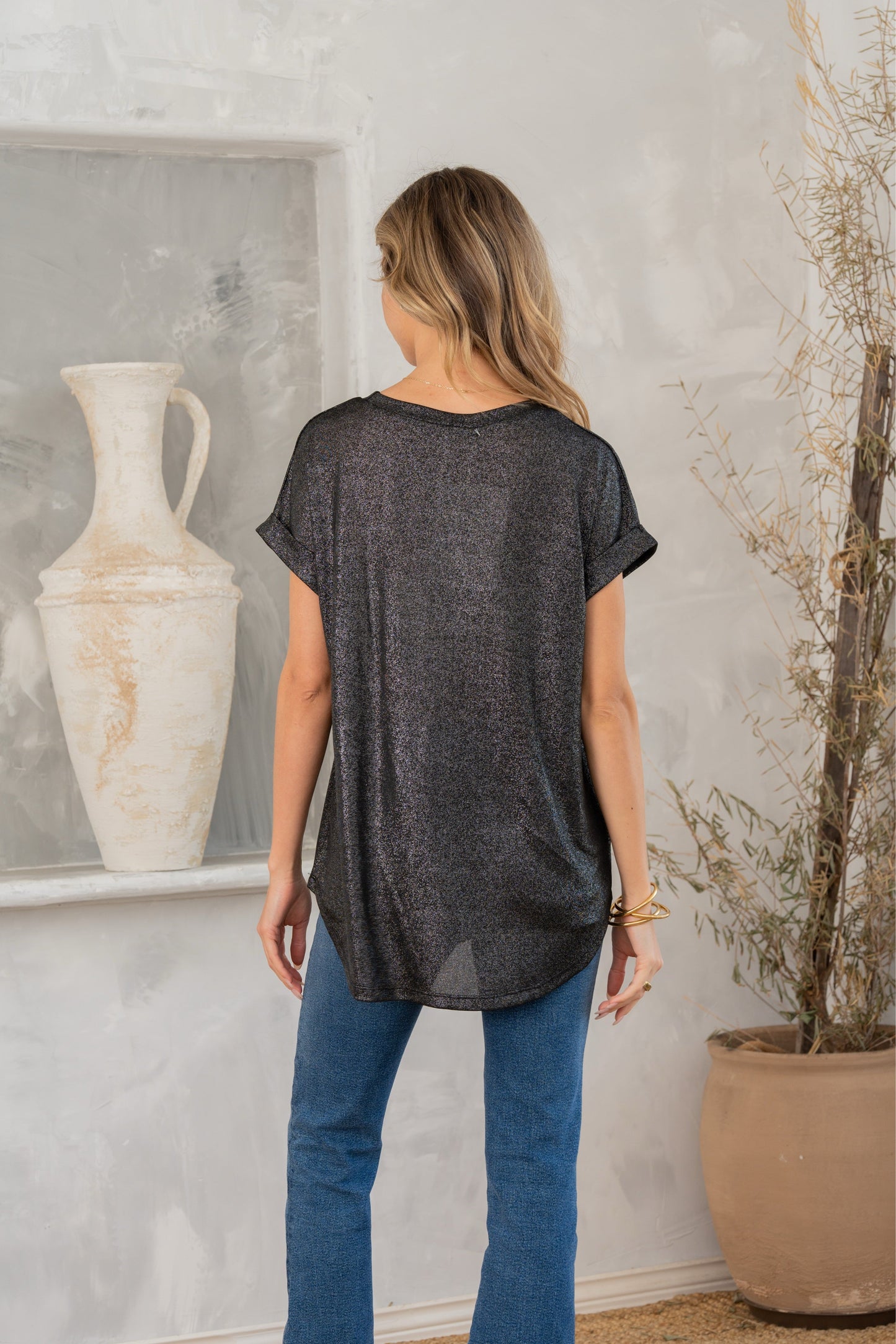 Shimmer Cuffed Top in Black MadreForte LLC