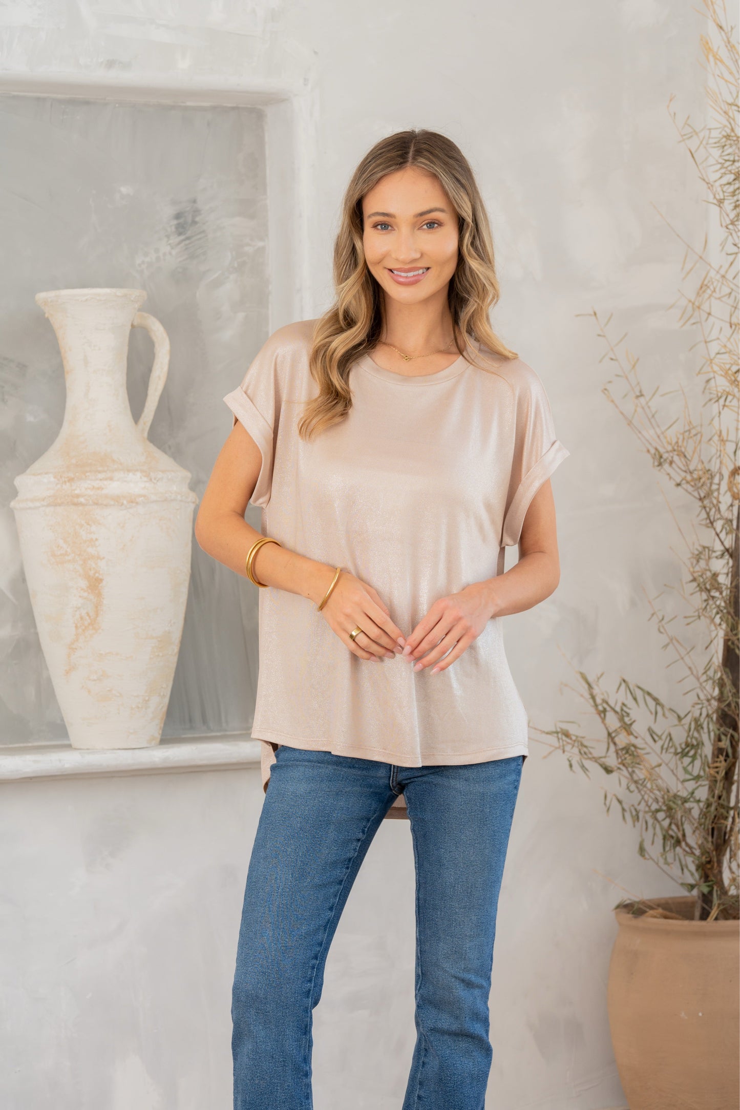 Shimmer Cuffed Top in Taupe MadreForte LLC