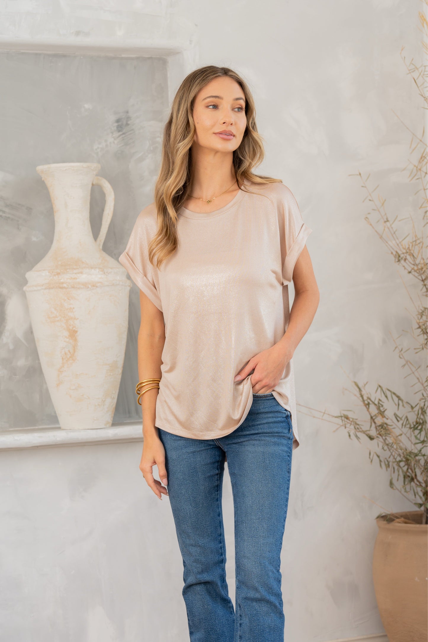 Shimmer Cuffed Top in Taupe MadreForte LLC