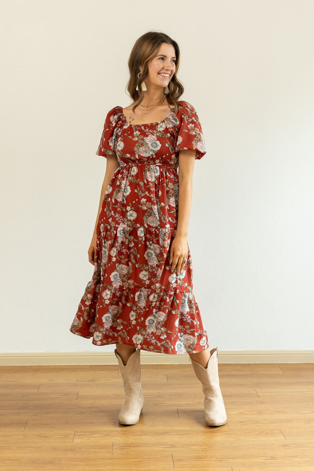 Elizabeth Midi Dress in Rust and Floral MadreForte LLC