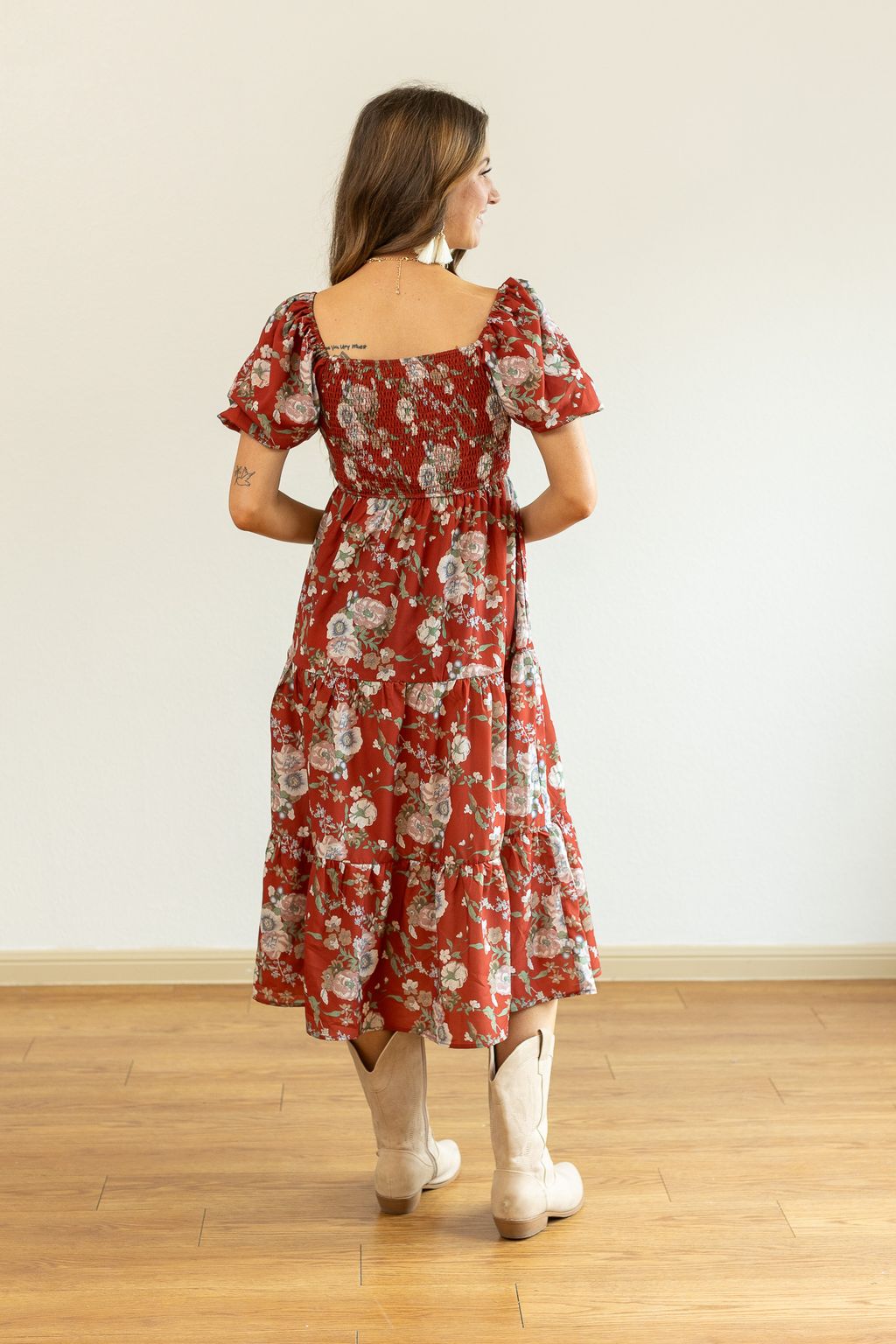 Elizabeth Midi Dress in Rust and Floral MadreForte LLC