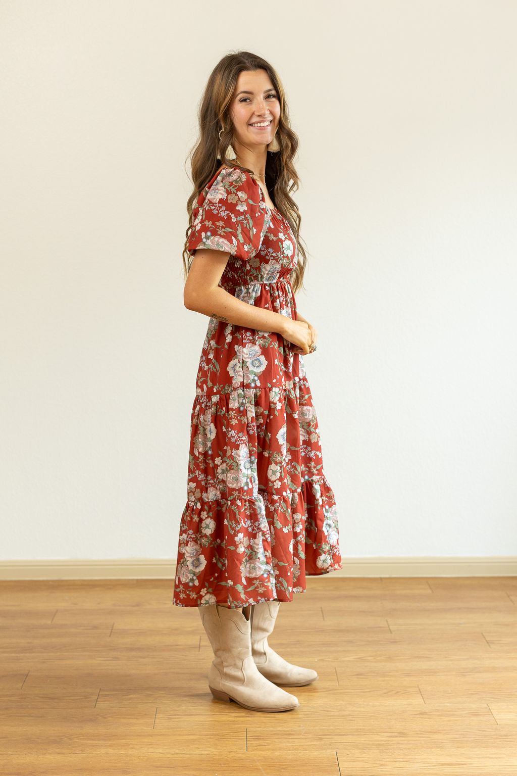 Elizabeth Midi Dress in Rust and Floral MadreForte LLC