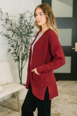 Everything Layer Waffle Knit Open Front Cardigan in Cabernet