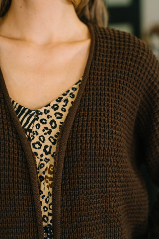 Everything Layer Waffle Knit Open Front Cardigan in Chocolate