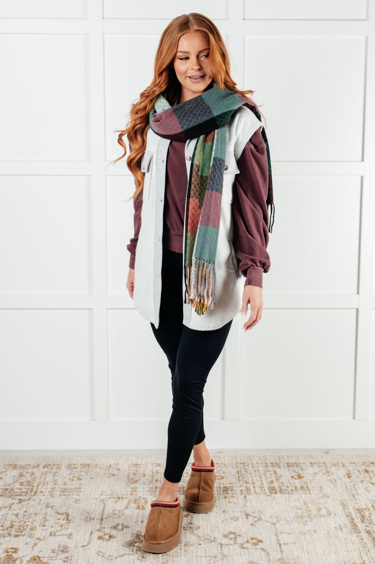 Keep Me Cozy Checkered Fringe Scarf in Berry MadreForte LLC