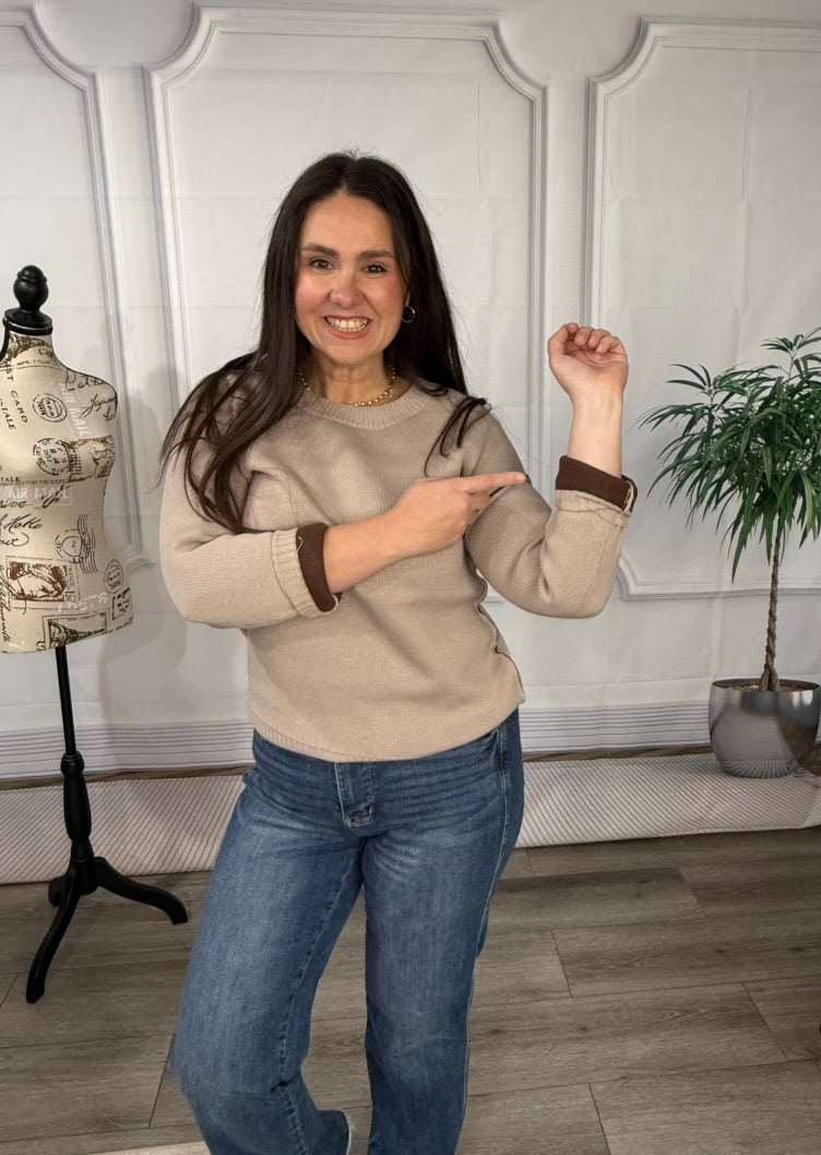 Zenana Round neck contrast trim sweater