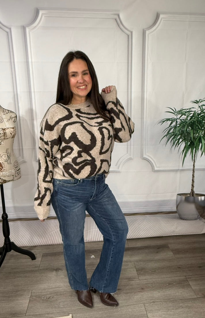 Umgee Heart Print Crew Neck Sweater