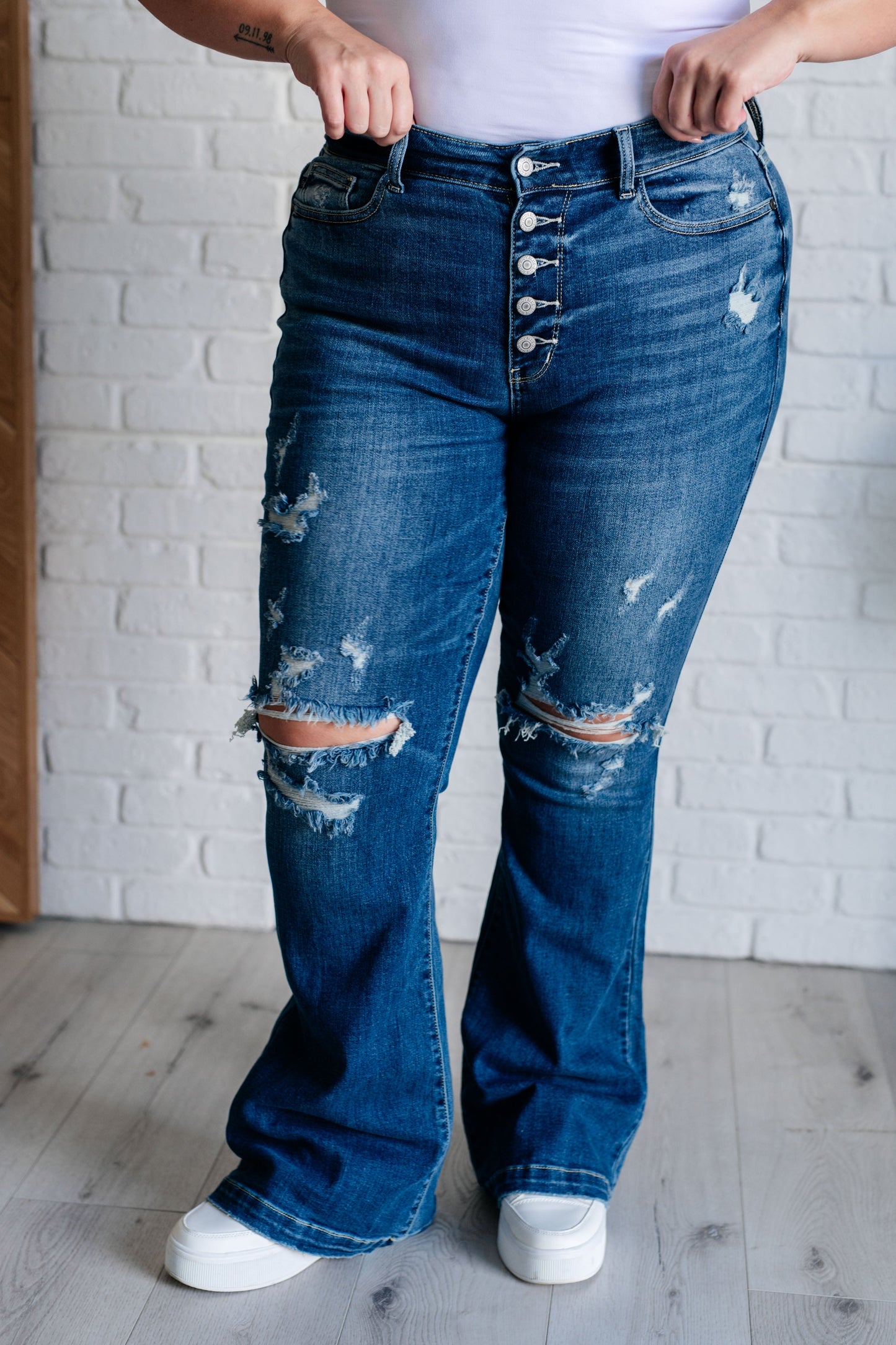 Gabriella Mid Rise Distressed Button Fly Flare Jeans MadreForte LLC