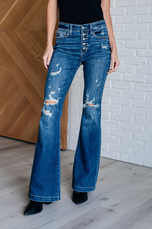 Gabriella Mid Rise Distressed Button Fly Flare Jeans MadreForte LLC